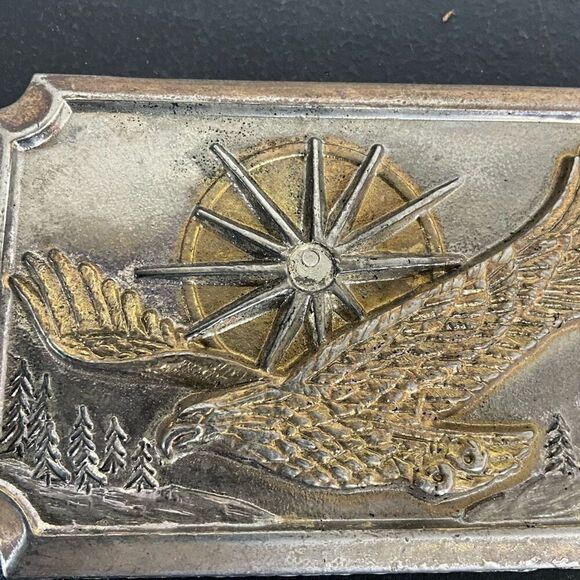 Western Style Brass Belt Buckle With Eagle Flying Over Mountain Pine Forest - Picture 3 of 6
